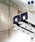 Close-up of Double Sliding Barn Door Hardware Kit featuring super slick aluminum guide rails and smooth gliding wheels.