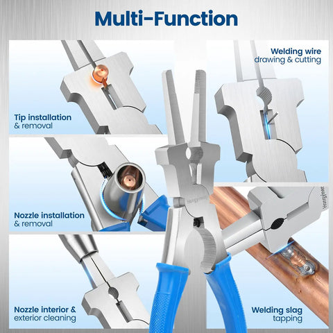 Multi-function view of 8 Inch MIG Welding Pliers With Comfort Grip For Pros And DIYers showcasing tips and nozzle features.