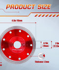 Ultra Thin Diamond Saw Blade 4.5 Inch for Angle Grinder and Tile Cutter detailed with X Teeth Turbo Mesh Rim showing size specifications.