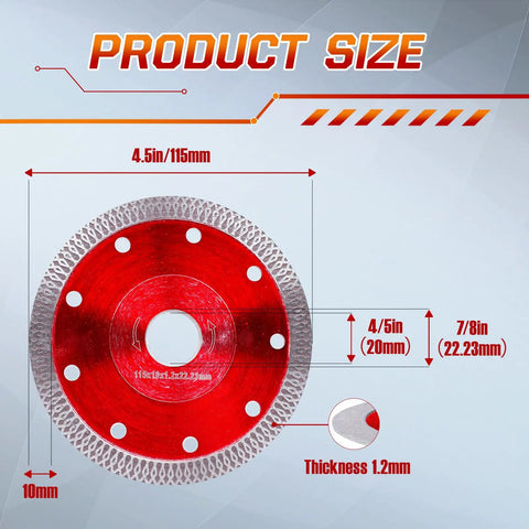 Ultra Thin Diamond Saw Blade 4.5 Inch for Angle Grinder and Tile Cutter detailed with X Teeth Turbo Mesh Rim showing size specifications.