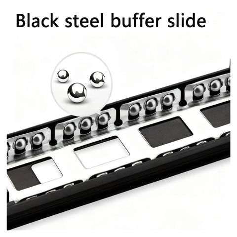 Close-up of Heavy Duty Side Mounted Ball Bearing Drawer Slides Three Section Full Extension Cold Rolled Steel Cabinet Tracks with steel ball bearings.