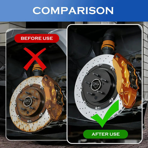 Comparison of brake disc before and after using Clean Sweep Rust Removal 5 Piece Wheel Hub Cleaning Kit With 3 Grinding Discs And Polish Pads Designed For Half Inch Drills Sedan Coupe And Pickup Trucks.