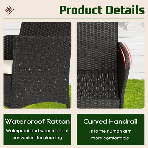 4-Piece Outdoor Patio Set In Black Wicker With Coffee Table, Waterproof Rattan Detail and Curved Handrail Close-Up