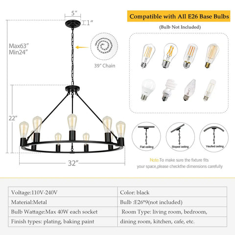 Black Wagon Wheel Chandelier Total Showstopper Lighting Fixtures 32 in diameter, 22 in tall, matte black, 9 light pendant.