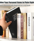 Diversion Book Safe With Three Digit Combination Lock Hidden Safe In Plain Sight For Cash Jewelry Passports And Other Valuables Stash Ready Metal Box Nine Point Five By Six Point Two By Two Point Two Inches Black in use on bookshelf