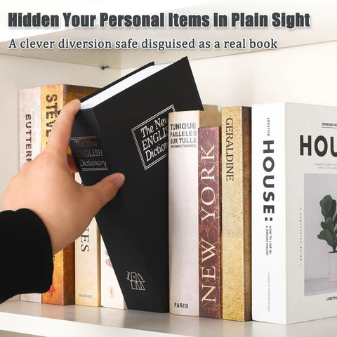 Diversion Book Safe With Three Digit Combination Lock Hidden Safe In Plain Sight For Cash Jewelry Passports And Other Valuables Stash Ready Metal Box Nine Point Five By Six Point Two By Two Point Two Inches Black in use on bookshelf
