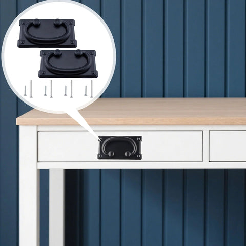 Two Pack Black Vintage Ring Pull Handles With Screws Heavy Duty Zinc Alloy Cabinet Hardware installed on white desk drawer.