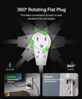 360 Degree Rotating Flat Plug on 6 Outlet Surge Protector Power Strip allows access to wall sockets from all angles.