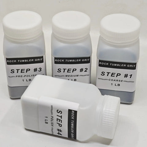 4 Step Rock Tumbler Grit And Polish Refill Kit With Silicon Carbide Grit For Coarse To Final Polish Includes 60 180 400 1000 Grits For Any DIY Rock Tumbler Or Stone Polisher showing four labeled jars of grit for polishing.