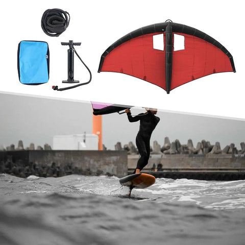 Inflatable Surf Wing For Wing Foil And Kitesurfing, red and black canopy, with accessories including pump, rope, and blue bag
