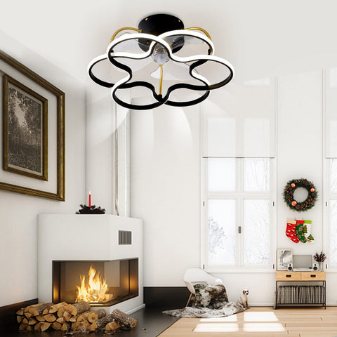 Living room with ceiling fan with lights and remote control, 3 color temperature dimmable LED, dope bladeless look, flush mount