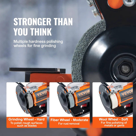 Close-up of Bench Top Buffer Polisher And Grinder For Metal Jewelry Wood Jade Plastic And Silver DIY Projects With 3590 RPM, showing grinding wheel options.