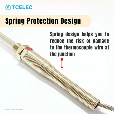 K-type thermocouple probe with stainless steel spring guard, M8 screw thread, braided lead