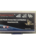 Hardcore PEEK Plastic M3 Metric Phillips Pan Head Screw Assortment Kit With Hex Nuts And Washers Heat And Chemical Resistant Fasteners in storage case.