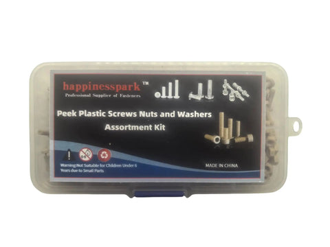 Hardcore PEEK Plastic M3 Metric Phillips Pan Head Screw Assortment Kit With Hex Nuts And Washers Heat And Chemical Resistant Fasteners in storage case.