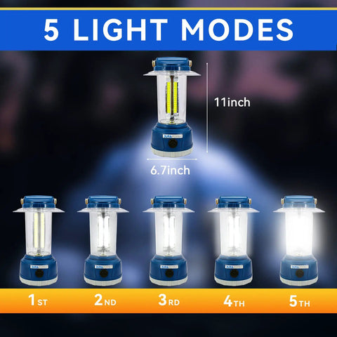 Rechargeable LED Camping Lantern With Beast 2000 Lumen Brightness 360 Degree Beam Five Modes shown in blue color, 11x6.7 inches.