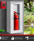 Built Tough White Steel Fire Extinguisher Cabinet With Lock Wall Or Surface Mount For 5 To 12 Pound Extinguishers, 23.6 Inches High, 10.2 Inches Wide, 6.7 Inches Deep, Full Clear Acrylic Door For Indoor And Outdoor Use