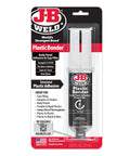 Front view of J-B Weld Plastic Bonder body panel adhesive and gap filler syringe, black, 25 ml
