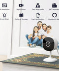 Indoor Home Security Camera 2K With Two Way Audio on a table, family photo backdrop, icons highlighting features like night vision and smart siren.