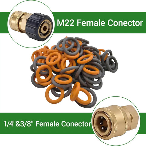 Ultimate 100-Piece Pressure Washer O-Rings Kit for M22 14mm Quick Connect Couplers with orange and grey seals