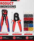 Premium Ferrule Crimping Tool Kit With Square Die Pliers And Auto Wire Stripper, 2000 Piece Connector Set In 8 Sizes For 0.5 To 10mm² Electrical Wires, Ultimate Gigga Gear For Electricians And DIY Gurus. Product dimensions chart showing stripper, crimper, and organizer box
