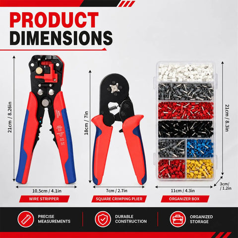 Premium Ferrule Crimping Tool Kit With Square Die Pliers And Auto Wire Stripper, 2000 Piece Connector Set In 8 Sizes For 0.5 To 10mm² Electrical Wires, Ultimate Gigga Gear For Electricians And DIY Gurus. Product dimensions chart showing stripper, crimper, and organizer box
