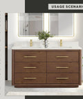 Bathroom vanity with wood drawers featuring 10 Pack Brushed Gold Cabinet Pulls With 5 Inch Center To Center 128mm Hole Spacing.