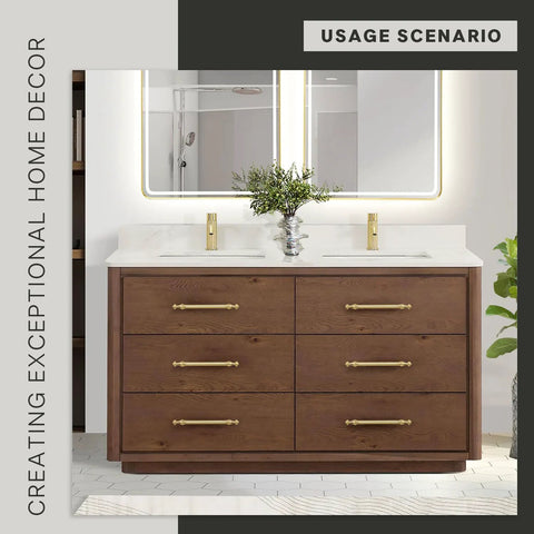 Bathroom vanity with wood drawers featuring 10 Pack Brushed Gold Cabinet Pulls With 5 Inch Center To Center 128mm Hole Spacing.