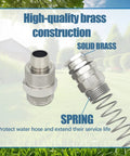 Solid Brass Five Eighths Inch Garden Hose Repair Kit With Spring Guard showing high-quality brass connectors in a garden setting.