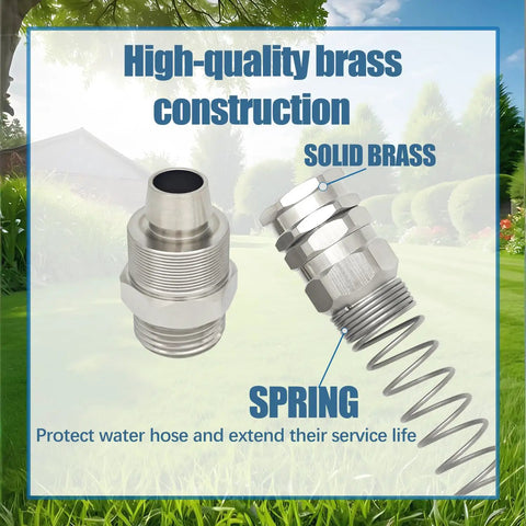 Solid Brass Five Eighths Inch Garden Hose Repair Kit With Spring Guard showing high-quality brass connectors in a garden setting.