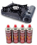 Portable Butane Stove 10,000 BTU With Piezo Ignition Safety Lock Auto Shutoff Adjustable Flame and Stable Grates Includes 4 Pack Fuel And Carrying Case Midnight Ideal For Outdoors And Camping Travel Ready Lightweight And Compact For Easy Transport.