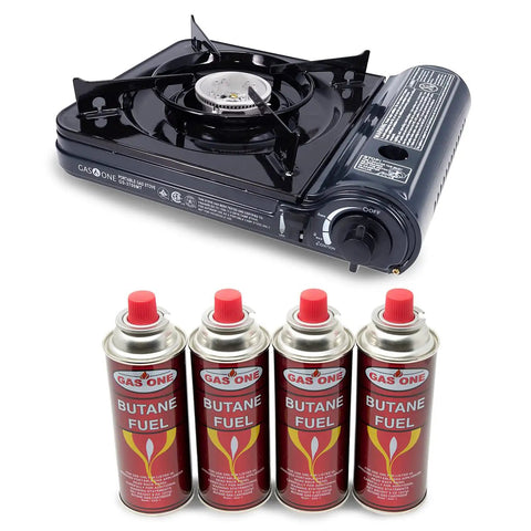 Portable Butane Stove 10,000 BTU With Piezo Ignition Safety Lock Auto Shutoff Adjustable Flame and Stable Grates Includes 4 Pack Fuel And Carrying Case Midnight Ideal For Outdoors And Camping Travel Ready Lightweight And Compact For Easy Transport.