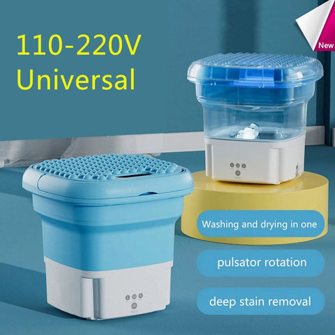 Compact Portable Mini Washing Machine Foldable Washer With Spin Dryer Bucket, dual units, blue plastic material, 110-220V