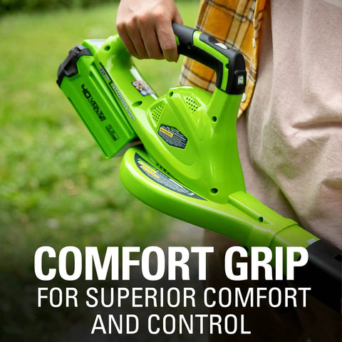 Person holding 40V Cordless Leaf Blower With 150 MPH Air 135 CFM Turbo Concentrator Nozzle, showing comfort grip feature.