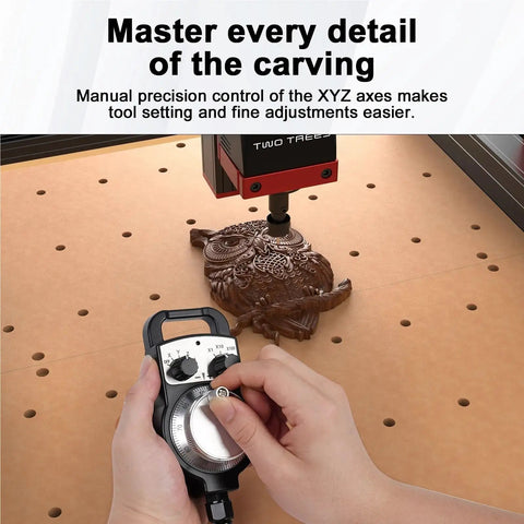Adjusting MPG 4 Axis Electronic Handwheel for CNC Machines with owl carving under CNC machine