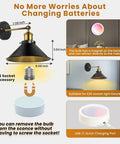 Diagram of Black Battery Operated Wall Sconce Set Of 2 Industrial Wireless Rechargeable Wall Lights with features and dimensions.