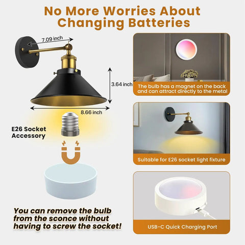 Diagram of Black Battery Operated Wall Sconce Set Of 2 Industrial Wireless Rechargeable Wall Lights with features and dimensions.