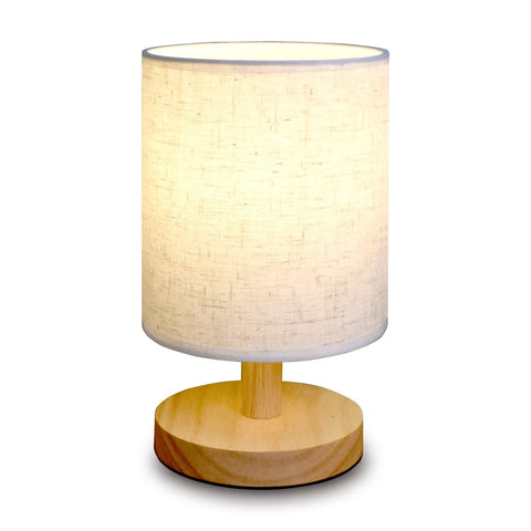 Cozy Round Table Lamp With Linen Shade, Mini Bedside Night Light, Wooden Desk Lamp For Bedroom Living Room And Kids Room