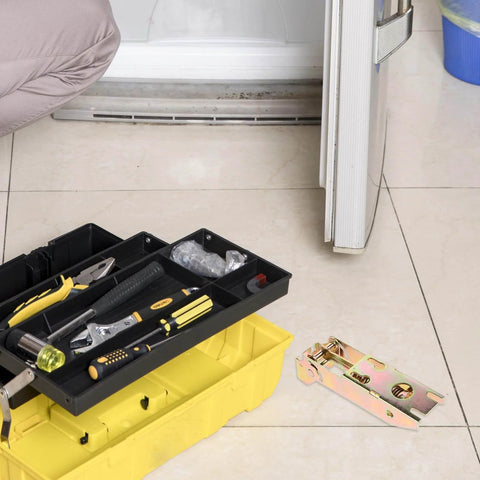 Drop Down Chest Freezer Hinge Replacement With Durable Metal Spring next to open freezer door and toolbox on tiled floor
