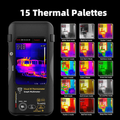 Dual Light Fusion Thermal Imager Multimeter Pro Grade With Date Recorder displaying 15 thermal palettes on screen