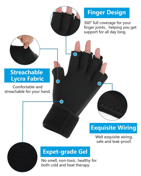 Arthritis Relief Finger Ice Glove With Adjustable Wrist Strap For Women And Men, showing Lycra fabric and gel insert details.