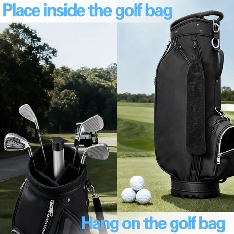 Telescopic Golf Ball Retriever Tube with Adjustable Aluminum Alloy in a golf bag on a course with balls and a golf bag