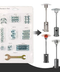 Patio Heater Reflector Shield Accessory Kit With Spacers Washers And Fasteners For Round Umbrella Gas Heaters Universal Replacement Hardware Set No Hassle Fix For Safe Stable Outdoor Heating shown with packaging and heater examples