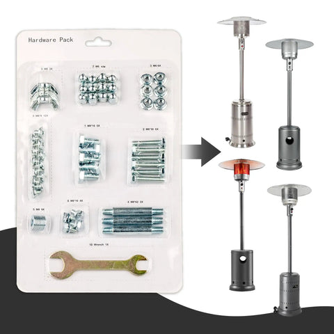 Patio Heater Reflector Shield Accessory Kit With Spacers Washers And Fasteners For Round Umbrella Gas Heaters Universal Replacement Hardware Set No Hassle Fix For Safe Stable Outdoor Heating shown with packaging and heater examples