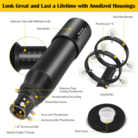 Upgraded 70mm FMC Guide Scope Kit with accessories, dual-ring bracket, anodized housing, 1.25 inch eyepiece compatible.