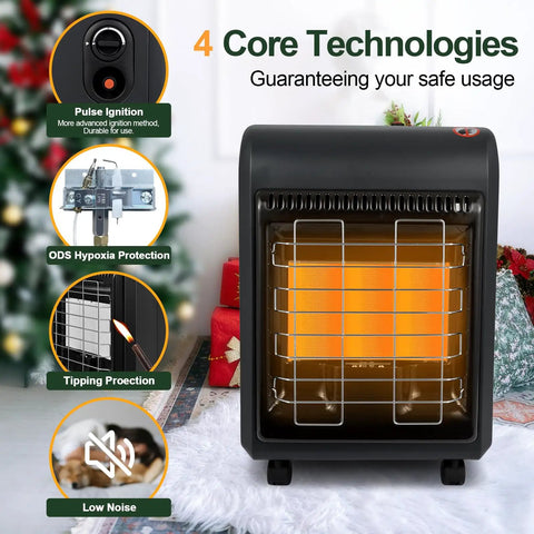 Indoor Outdoor Propane Heater 6000 To 18000 BTU With 3 Modes ODS And Tip Over Protection displayed in front view with safety features highlighted.