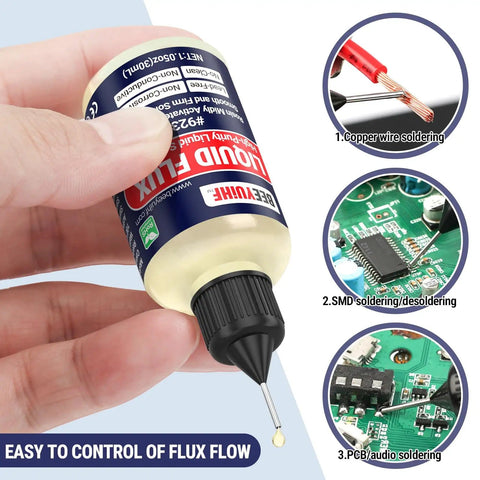 Liquid Solder Flux Dropper Kit 60mL No Clean Rosin Flux with easy squeeze bottle for electronics soldering, shown with applications.