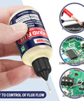 No Clean Liquid Solder Flux Dropper For Electronics Soldering, 30 mL bottle showing precise application with tapered tip.