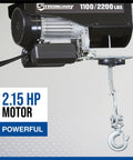 Strongway 1100 Lb Electric Cable Hoist with 2200 Lb Double Line Capacity featuring a 2.15 HP motor and lift hook.