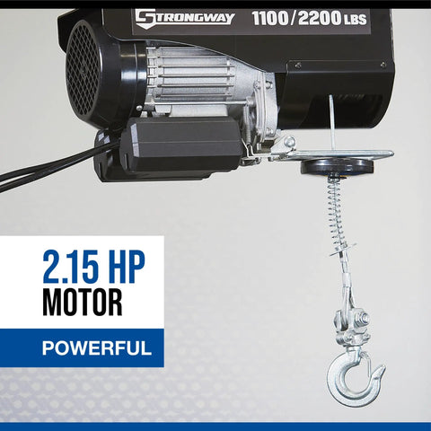 Strongway 1100 Lb Electric Cable Hoist with 2200 Lb Double Line Capacity featuring a 2.15 HP motor and lift hook.